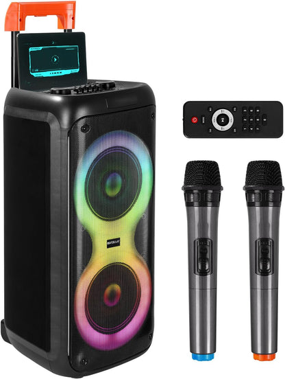 Portable Karaoke Machine with 2 Wireless Mics, Daul 8" Speakers, LED Lights, PA System, Remote, Bass/Treble Adjustment, SD Card/USB, REC Rolling Wheels and Trolley, Auto ducking Function.