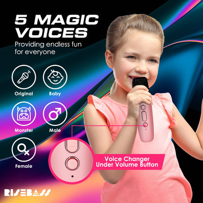 Risebass Mini Karaoke Machine for Kids Adults, Portable Bluetooth Speaker with 2 Wireless Microphones, Toys Birthday Gifts for Girls  Years Old Toddler Teens.